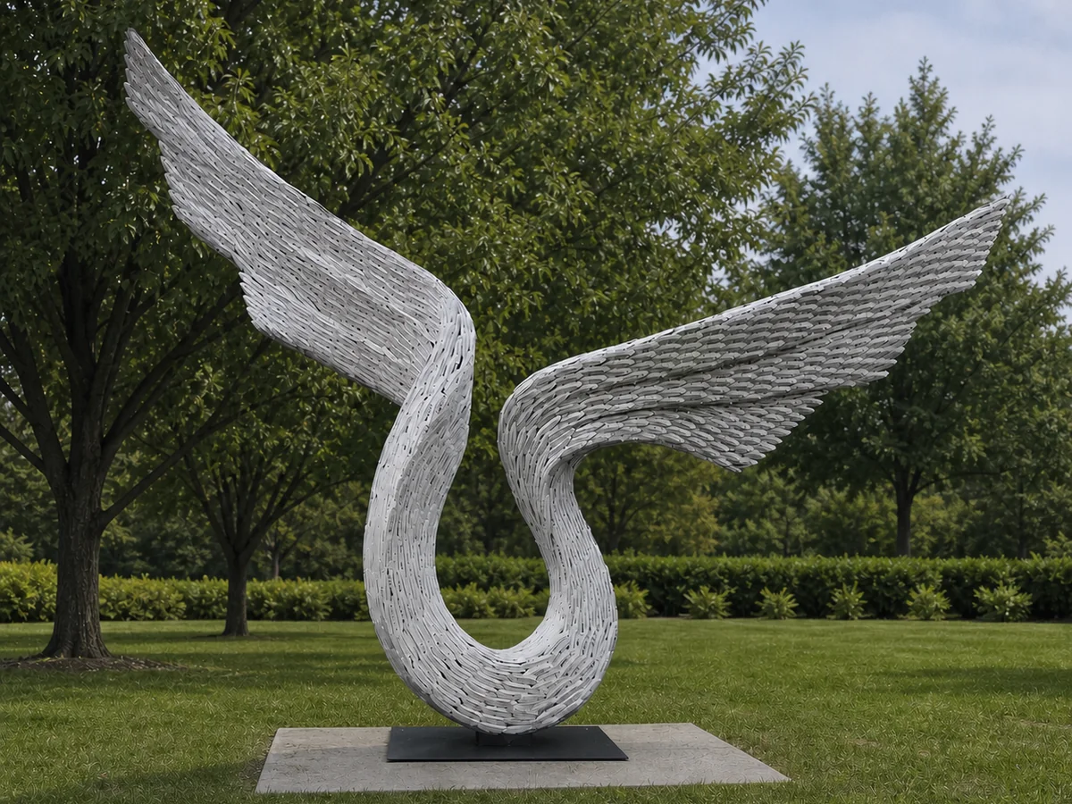 Abstract stainless steel wing sculpture installed on a landscaped park lawn
