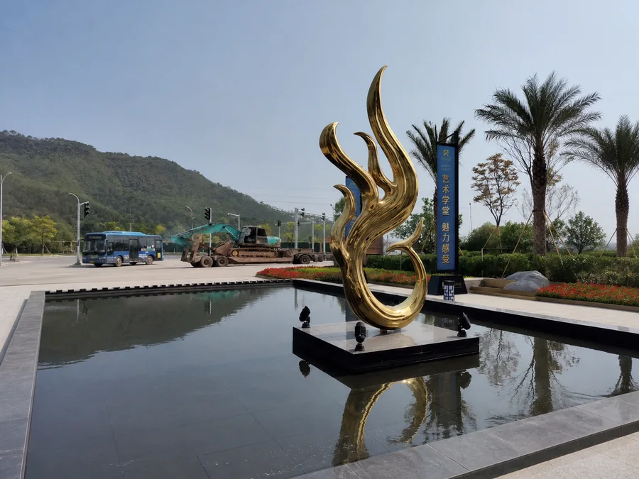 Gold mirror polished stainless steel flame sculpture for a civic public art space