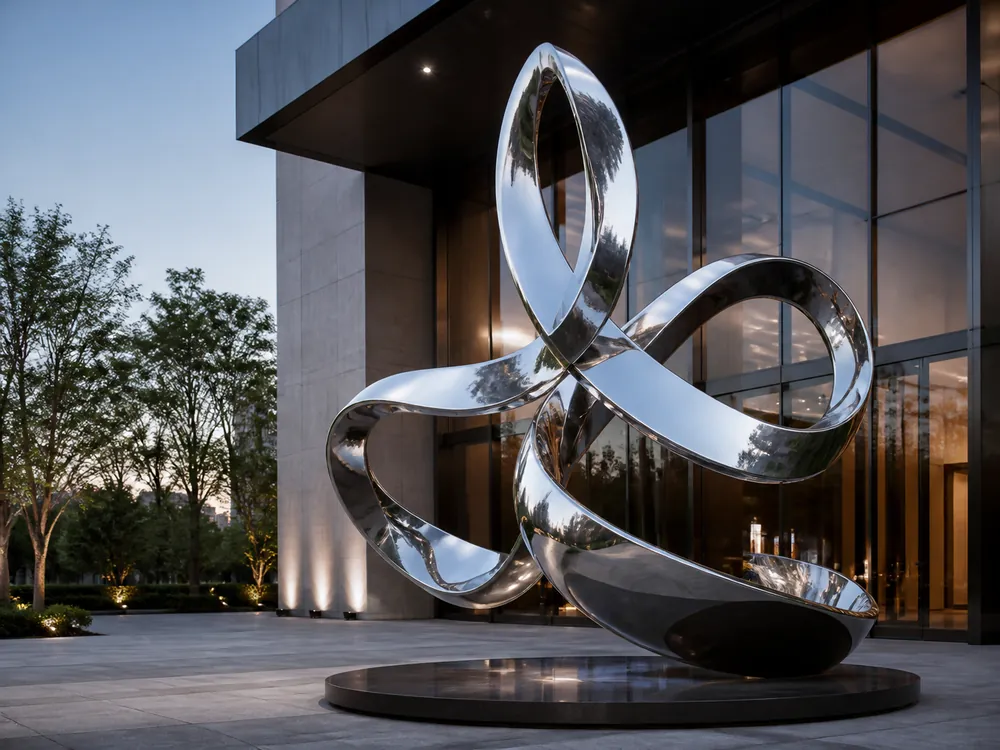 Mirror-polished abstract stainless steel sculpture in a contemporary setting