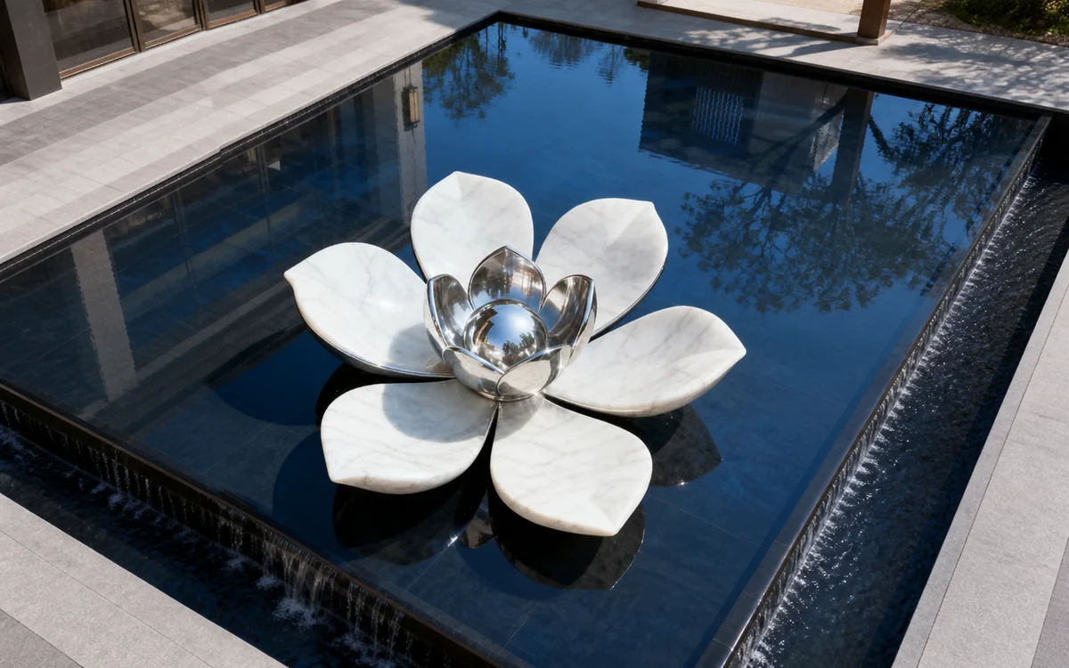 Stainless steel lotus water feature sculpture for a garden and landscape project